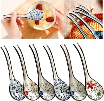 Set van 6 Witte Porseleinen Soeplepels voor Ramen, Pho en Wonton - Ideaal voor Miso en Muli Gerechten, 16.5 cm Lange Lepels voor Keuken en Restaurant