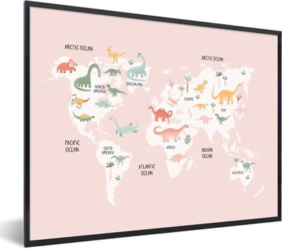 Wereldkaart - Kinderen - Dino - Schoolplaat - Kinderkamer - 80x60 cm