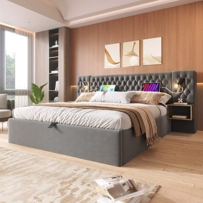 MODENUIT Gestoffeerd bed 160x200 cm – Leeslampen met usb-c – Opbergruimte en 2 nachtkastjes – Zonder matras – Grijs