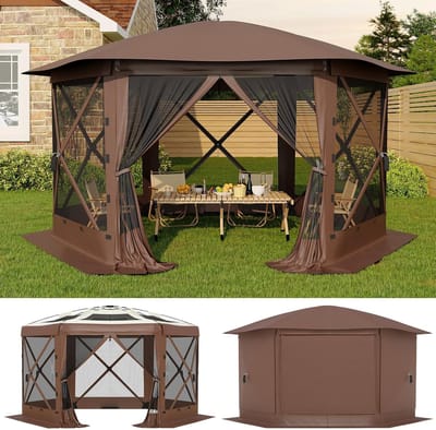 Partytent met Afneembaar Dak - 350x350x220cm - Hexagonale Pop-up Paviljoen - Waterafstotend UV-bestendig - Buitentent voor Camping, Tuinfeest, Evenementen - Bruin