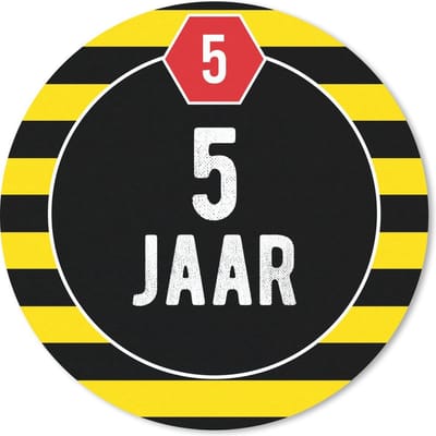 Muismat rond 20x20 cm - Mousepad Jubileum - 5 jaar - Geel - Zwart - Ronde muismatten