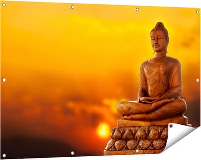 Gards Tuinposter Boeddha Standbeeld bij Zonsondergang - 120x80 cm - Tuindoek - Tuindecoratie - Wanddecoratie buiten - Tuinschilderij