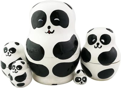 Inovra Plus - Set van 5 schattige houten stapel panda poppen - handgemaakt speelgoed voor kinderen - panda ornamenten - feestbenodigdheden.