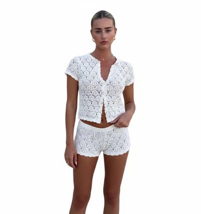 Elegante gehaakte zomerse set - Vrouwen - Shirt - Knoopjes - Hoge taille broek