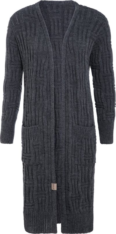 Knit Factory Bobby Lang Gebreid Vest - Cardigan voor de herfst en winter - Donkergrijs damesvest - Lang vest tot over de knie - Grof gebreid vest uit 30% wol en 70% acryl - Antraciet - 36/38 - Met steekzakken