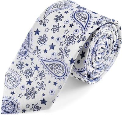 Zijden stropdas met wit en blauw paisleymotief | 6 cm