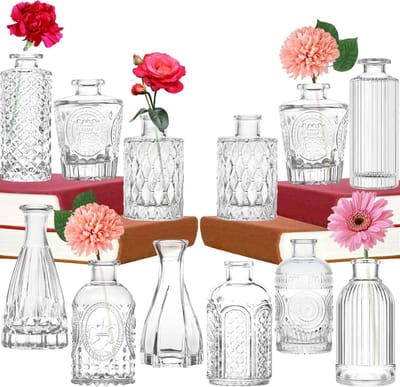 Set van 12 mini glazen vazen in verschillende maten voor moderne tafeldecoratie, vintage stijl, perfect voor bruiloften en als bloemenvaas voor woonkamer en badkamer