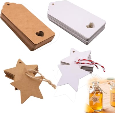 Etiketten van kraftpapier, kerstetiketten in ster- en rechthoekige vorm, met 20 m draad, voor geschenkpakketten, bruiloften, prijskaartjes en doe-het-zelfprojecten, cadeaulabels
