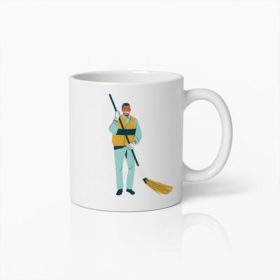 Vriendelijke Conciërge Illustratie Mok – Unieke Koffiebeker Cadeau voor Schoonmaker