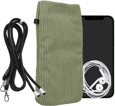 kwmobile Telefoontasje geschikt voor XL - 6,7/6,8" smartphone - Universeel smartphone hoesje van corduroy - Met telefoonkoord - In grijsgroen