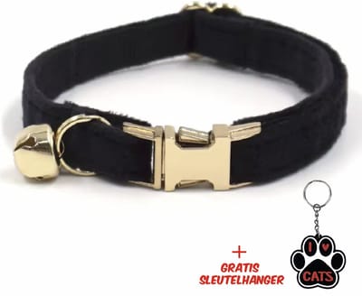 SilverAndCoco® - Zwarte Katten Halsband met Bel met Gratis Sleutelhanger | Velvet Kat Kitten Bandje met belletje | Kattenhalsband Suède Gouden | Kleding Decoratie Poezen | Kattenbandje Huisdier Poes - Zwart / Goud