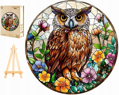 Houten Puzzel 300 Stukjes - Wijze Uil Glas-in-lood in Houten Kist