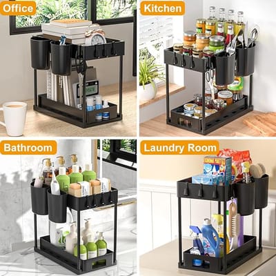 Famanu - Opbergruimte voor onder de gootsteen, 2 niveaus organizer voor onder de gootsteen met schuiflade, multifunctionele badkamerkast onder de gootsteen, kastorganizer voor keuken, aanrecht, badkamer