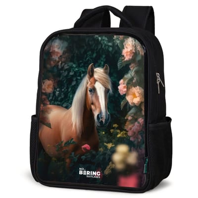 NoBoringSuitcases.com® - Rugzak zwart - Schooltas jongen & meisje - Paard - Bruin - Bloemen - Zachtroze - Rugtas voor school - Boekentas kind - Schoolrugzak - Kinderrugzak