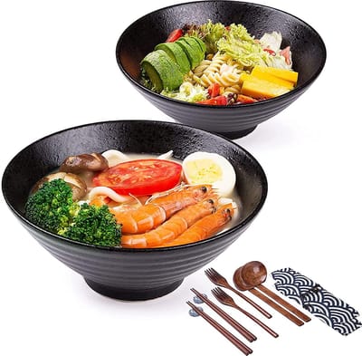Ramen kommenset, 2 set Japanse noedelsoepen, creatieve slakommen met staafjes, lepel en dipschaaltjes (2 x 1500 ml, glanzend zwart)