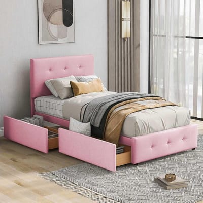 KOMHTOM Eenpersoonsbed, gevoerd, met 2 laden, bed 90 x 200 cm, met lattenbodem, platformbedframe voor kinderen, jongeren (zonder matras) (roze)