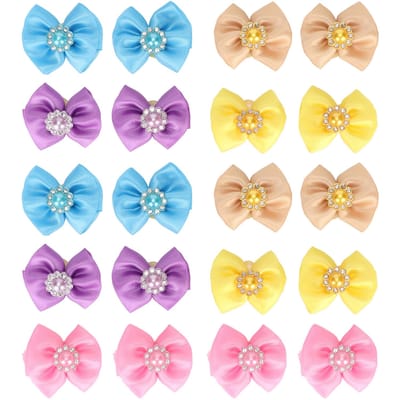 20 pcs Nœuds pour Cheveux d'Animaux Mignons Couleurs Mélangées Petits Chignons pour Chiens avec Élastique pour Chiots Chats Lapins yellow