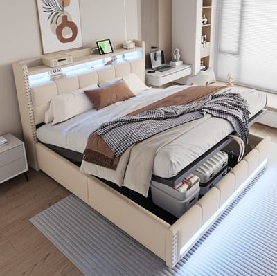 MEUNIQ Polsterbed 180x200 cm tweepersoonsbed met LED-verlichting, USB-aansluiting, hoofdbord met opbergruimte en hydraulische bergruimte voor slaapkamer, beige