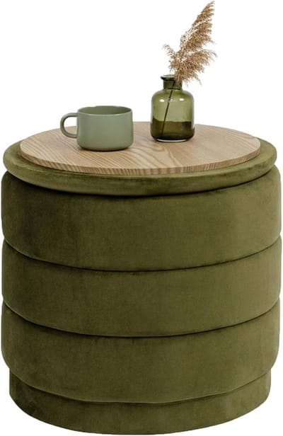 Inklapbare Opberg Voetenbank met Deksel in Olijf Fluweel - 39x39x37 cm