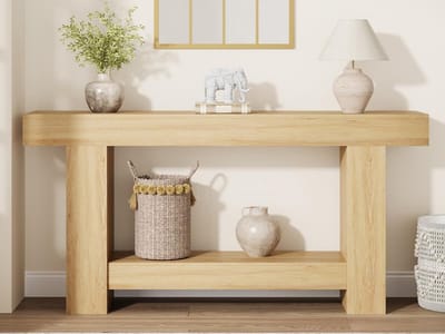 Entreeconsoletafel 160 cm , halmeubel met 2 opbergniveaus, boerderijstijl, geschikt voor woonkamer, hal en gang, houtkleur