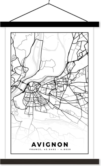 Posterhanger incl. Poster 40x60 cm - Schoolplaat - Stadskaart - Frankrijk - Kaart - Plattegrond - Avignon - Zwart wit - Textielposter - Zwarte latten - Stadskaart