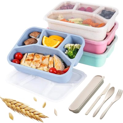 KZQ Vier Stuks BPA Vrije Lunchbox Met Vijf Vakken Inclusief Lepel En Vork Portie Controle Herbruikbaar Voor School Werk En Picknick Stapelbaar Compact In Vier Kleuren