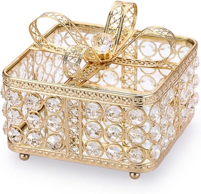 ELLDOO Vintage Crystal Jewelry Box, Gold Bowknot Gift Box Style Trinket Box, Metal Mirrored Decorative Box Ring Earrings Jewelry Organizer Keepsake Box for Women