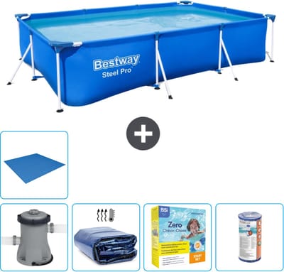 Bestway Rechthoekig Steel Pro Zwembad - 300 x 201 x 66 cm - Blauw - Inclusief Pomp Solarzeil - Onderhoudspakket - Filter - Grondzeil
