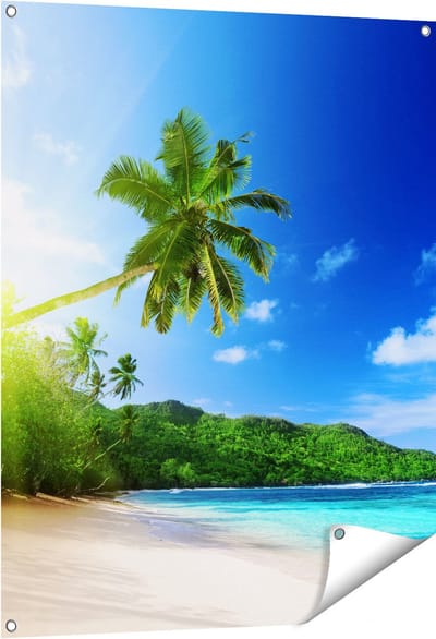 Gards Tuinposter Strand tijdens Zonsondergang in Seychellen - 80x100 cm - Tuindoek - Tuindecoratie - Wanddecoratie buiten - Tuinschilderij