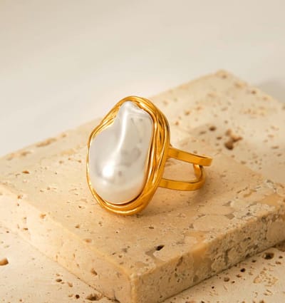 Verstelbare Statement Ring met Parel | Stainless Steel Goud