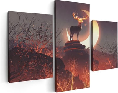 Artaza Canvas Schilderij Drieluik Hert Op Een Rots Tijdens Halve Maan  - 90x60 - Foto Op Canvas - Canvas Print