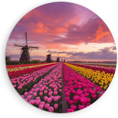 Saammp Muurcirkel Hout - Nederland - Bloemen - Tulpen - Molen - Landschap - Natuur - Ø 90 - Wandcirkel - Wanddecoratie Cirkel - Muurdecoratie Woonkamer - Slaapkamer decoratie - Rond Schilderij