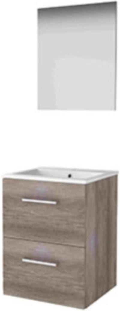 Basic-Line Basic 46 Badkamermeubelset - 50 x 46 cm - Met Grepen - 2 Lades - Keramische Wastafel - 1 Kraangat - Spiegel - Scotch Oak