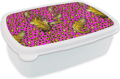 Broodtrommel Wit - Lunchbox - Brooddoos - Barok - Panter - Goud - Patroon - 18x12x6 cm - Volwassenen