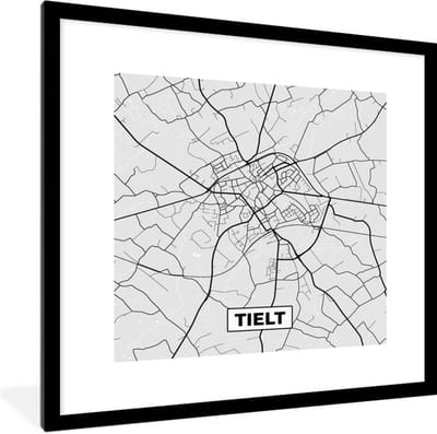 Fotolijst incl. Poster Zwart Wit- België – Tielt – Stadskaart – Kaart – Zwart Wit – Plattegrond - 40x40 cm - Posterlijst