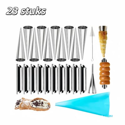 23 stuks - Bakvormen - Croissantvormen - Roestvrij staal - Inclusief 10 kegelvormige en 10 buisvormige vormen - Geschikt voor het bakken van Deense gebakjes, boterbroodjes, croissants, enz. - Zilver