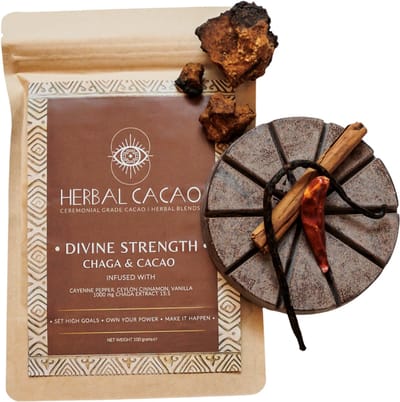 Chaga mushroom, Ceremonial CACAO, Cayenne, Kaneel, Vanille - Divine Strength 100g - Q’eqchi Maya - Guatemala - Herbal Cacao
