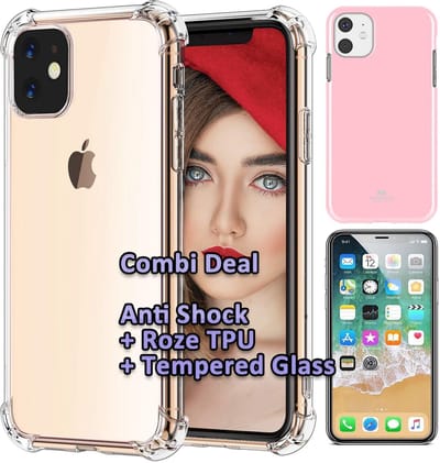 HB Hoesje Geschikt voor Apple iPhone 11 - Combi Deal - Anti Shock Back Cover Transparant - Back Cover Roze / Glazen Screenprotector