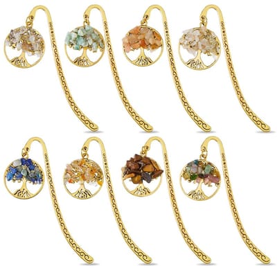 Dailygoody - Legering Bladwijzer - Antiek Goud - 8 Stuks - Levensboom - Chakra met Kristallen - Geschikt voor Boekenliefhebbers