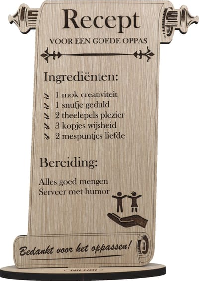 RECEPT OPPAS - Recept voor een goede oppas - houten wenskaart - kaart om babysitter te bedanken