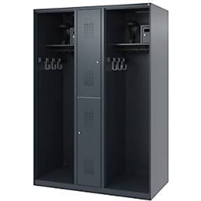 Brandweerkluis C+P Evolo Maxi, 4 vakken voor 2 personen, met helmhouder, vloerglijders, B 1300 x D 600 x H 1850 mm, RAL 7016 antracietgrijs