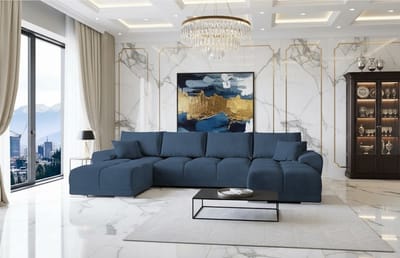 Hoekbank U-vorm Fluweel met Slaapfunctie - 365x189 cm - Blauw - Novihome