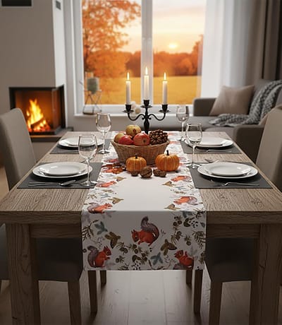 Dailygoods- Tafelloper 40 x 90 cm - Hoogwaardig Tafellinnen - Onderhoudsvriendelijk - Machinewasbaar - Decoratieve Herfstdecoratie - Eekhoorn in het Bos - Tafelkleed