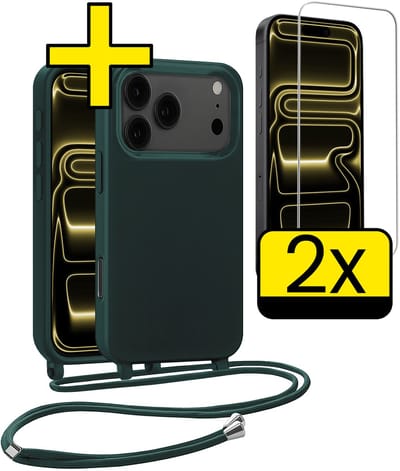 Hoesje Geschikt voor iPhone 17 Pro Hoesje Met Koord Met 2x Screenprotector Siliconen Case - Hoes Geschikt voor iPhone 17 Pro Backcover Met Afneembaar Koord - Donkergroen