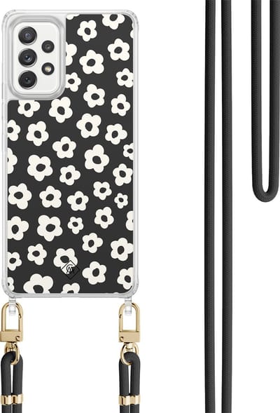Casimoda® hoesje met koord - Geschikt voor Samsung A52(s) - Retro Bloempjes - Afneembaar koord - TPU/polycarbonaat - Zwart