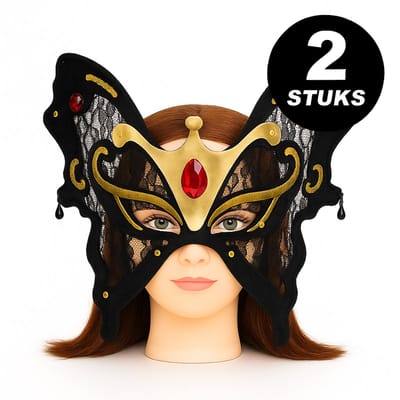 Vlinder Masker Zwart met Kant en Gouden Accenten – Luxe Verkleed Oogmasker met Rode Edelsteen – Set van 2 Stuks – Carnaval & Masquerade Bal