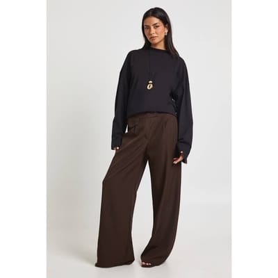 boohoo Dames Geweven Broek met Zakdetail en Wijde Pijpen | Chocoladebruin | Maat: 34