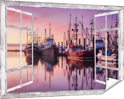 Gards Tuinposter Doorkijk Schepen in de Haven - Boten - 150x100 cm - Tuindoek - Tuindecoratie - Wanddecoratie buiten - Tuinschilderij