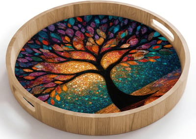 Dienblad rond 40x40 cm - Schootdienblad hout - Mozaïek - Kleurrijk - Boom - Takken - Borrelplank rechthoek - Plateau houten dienbladen