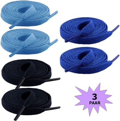 Fako Fashion - Schoenveters - Veters - Plat - 8mm - 120cm - 3 Paar - 6 Stuks - Donkerblauw, Lichtblauw & Navy Blauw